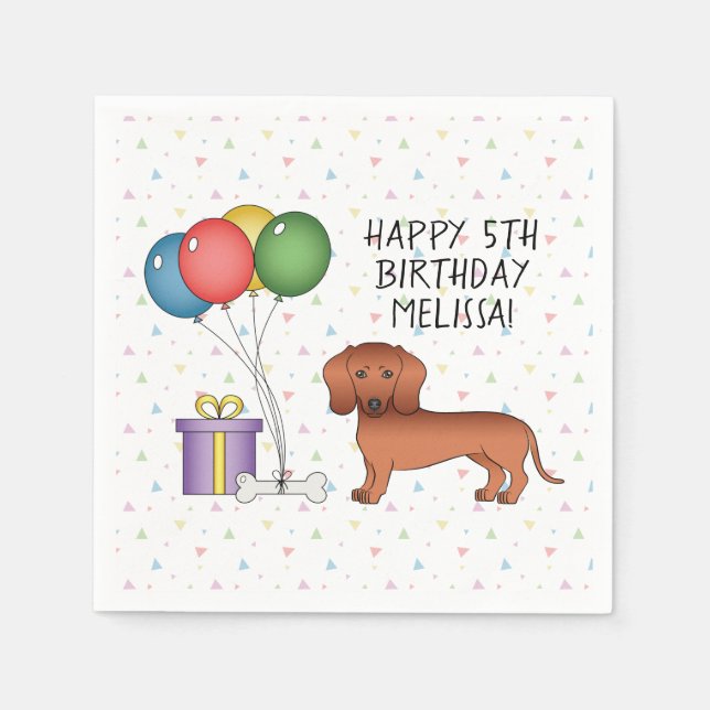 Red Smooth Coat Dachshund Dog Happy Birthday Napkin (Front)