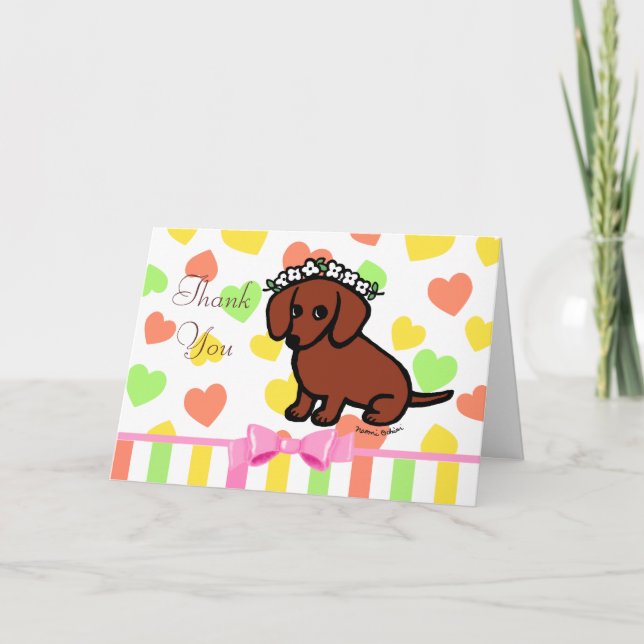 Red Smooth Dachshund and Flowers Thank You Card (Front)