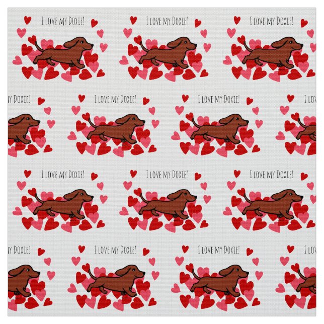 Red Smooth Dachshund Running Hearts Fabric (Swatch)