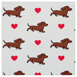 Red Smooth Dachshund Running Hearts Fabric
