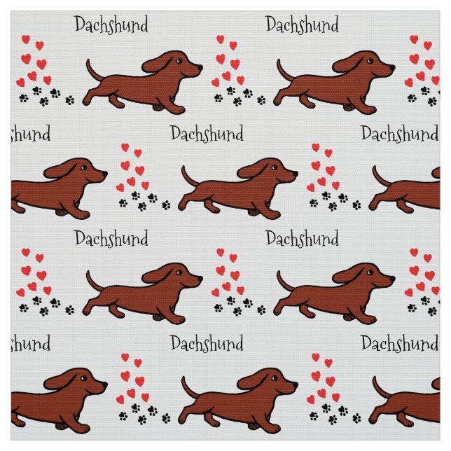 Red Smooth Dachshund Running Paws and Hearts Fabric (Swatch)