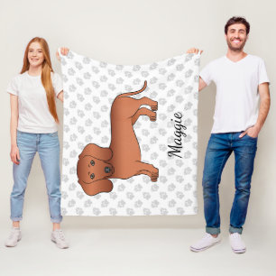 Red Smooth Hair Dachshund Cute Cartoon Dog & Name Fleece Blanket