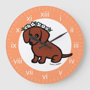 Red Smooth Haired Dachshund Flowers Large Clock