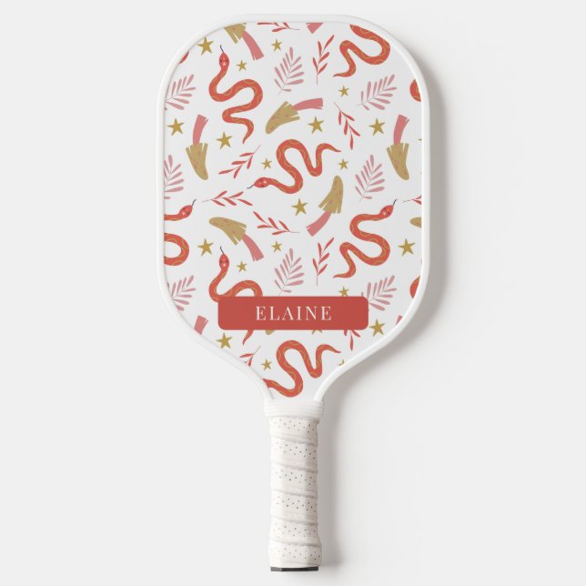 Red Snake & Mushroom Pattern White Pickleball Paddle (Front)