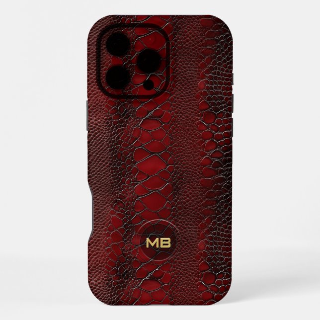 Red Snakeskin Leather Print Embossed Monogram iPhone Case (Back)