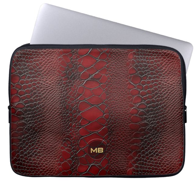 Red Snakeskin Leather Print Embossed Monogram Laptop Sleeve (Front)