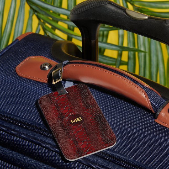 Red Snakeskin Leather Print Embossed Monogram Luggage Tag (Front Insitu 1)