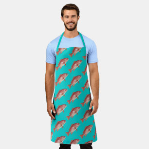 Red Snapper Pattern Turquoise Kitchen Apron