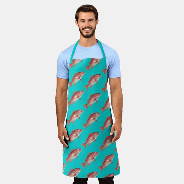 Red Snapper Pattern Turquoise Kitchen Apron (Worn)