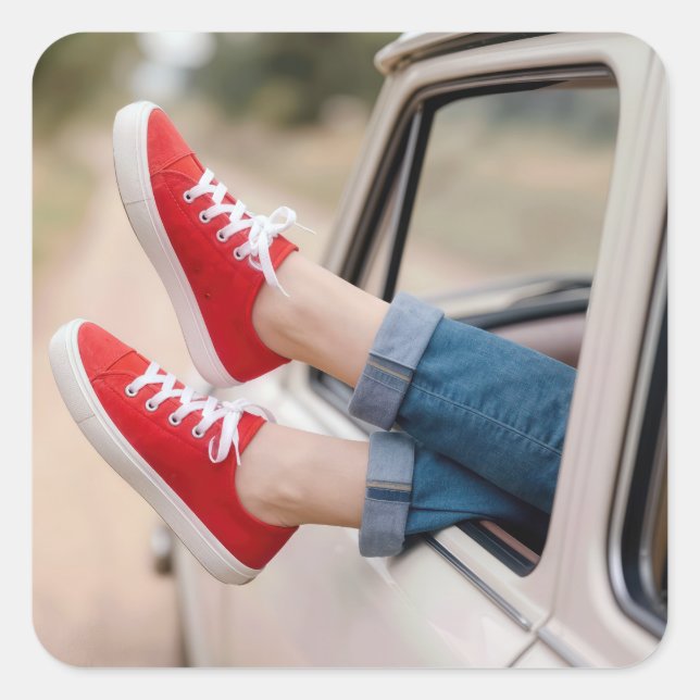 Red Sneakers Hanging Out Retro Truck Window Square Sticker (Front)