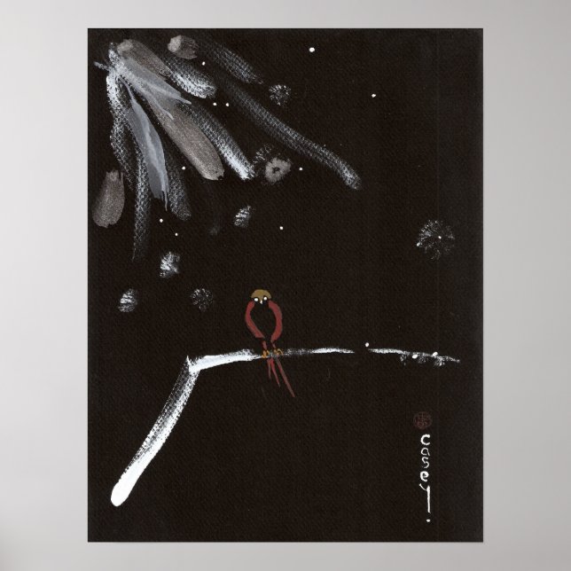 Red Snow Bird Contemplating Spring Poster (Front)