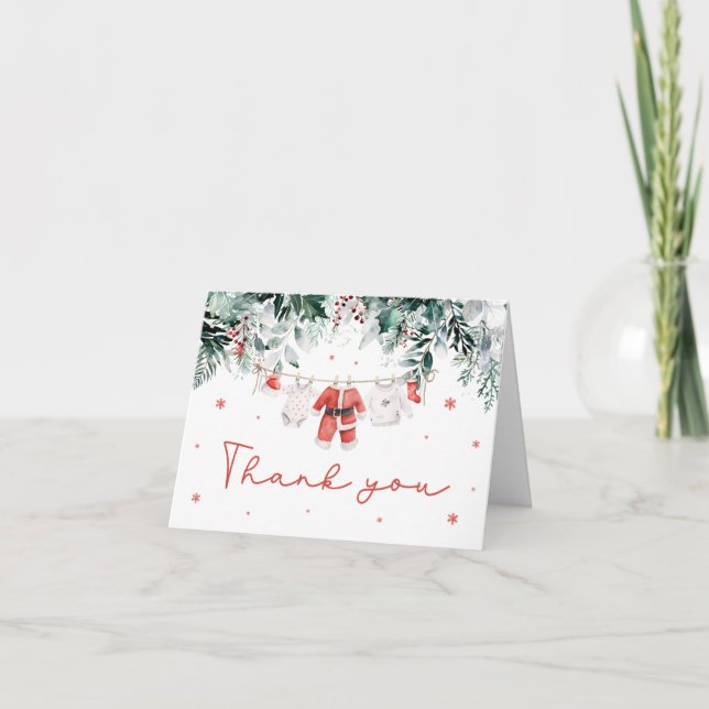 Red Snow Winter Christmas Baby Clothes Baby Shower Thank You Card (Front)
