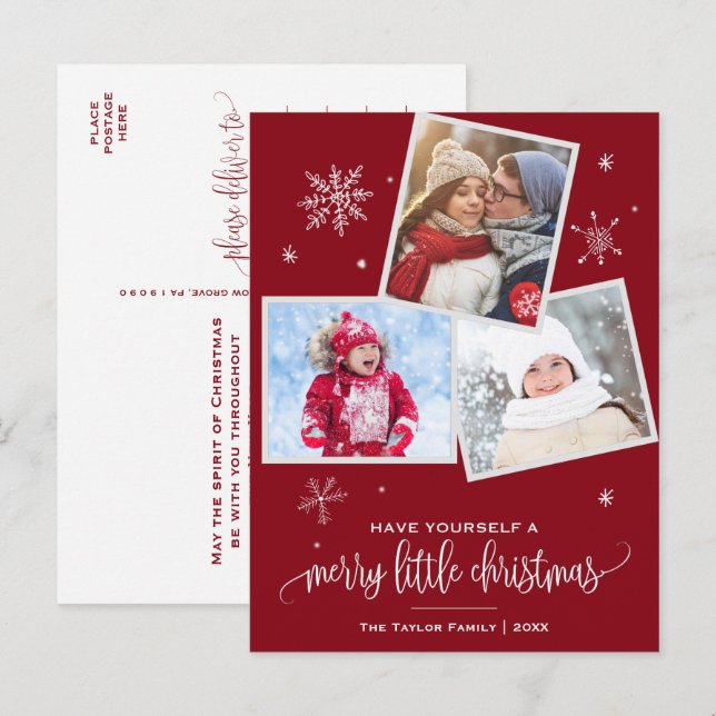 Red Snowflake | 3 Photo Christmas Holiday Postcard (Front/Back)