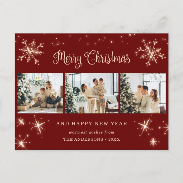 Red Snowflake 3 Photo Collage Holiday Postcard (Front)