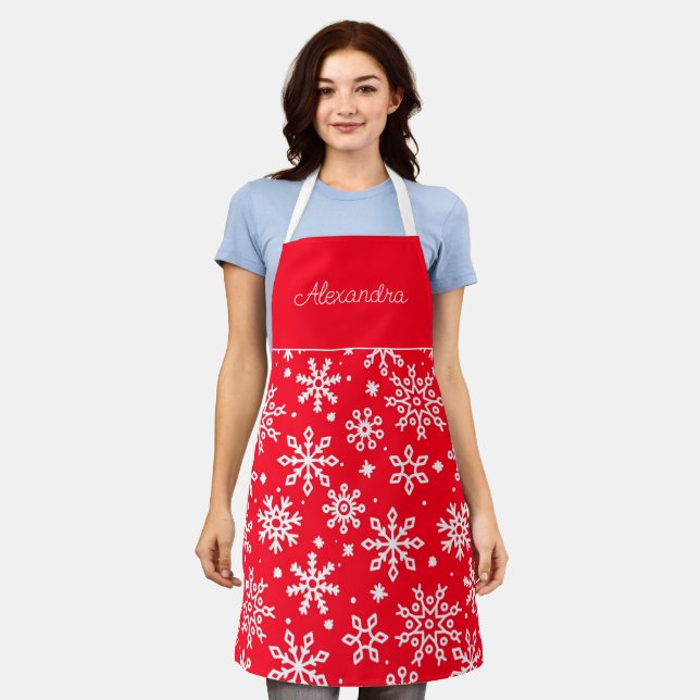Red Snowflake  Adult Personalised Cooking  Apron (Worn)
