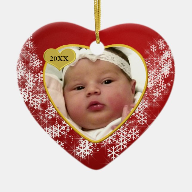Red Snowflake Baby's 1st Christmas Photo Keepsake Ceramic Tree Decoration (Front)