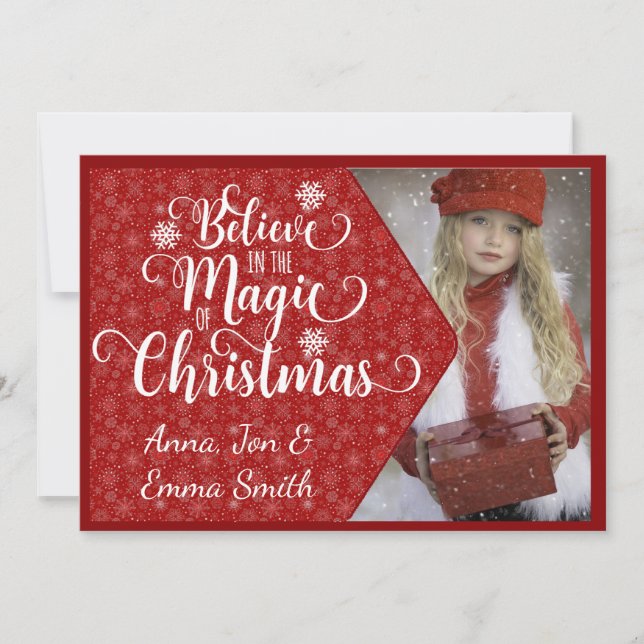 Red Snowflake Believe Photo Christmas Card (Front)