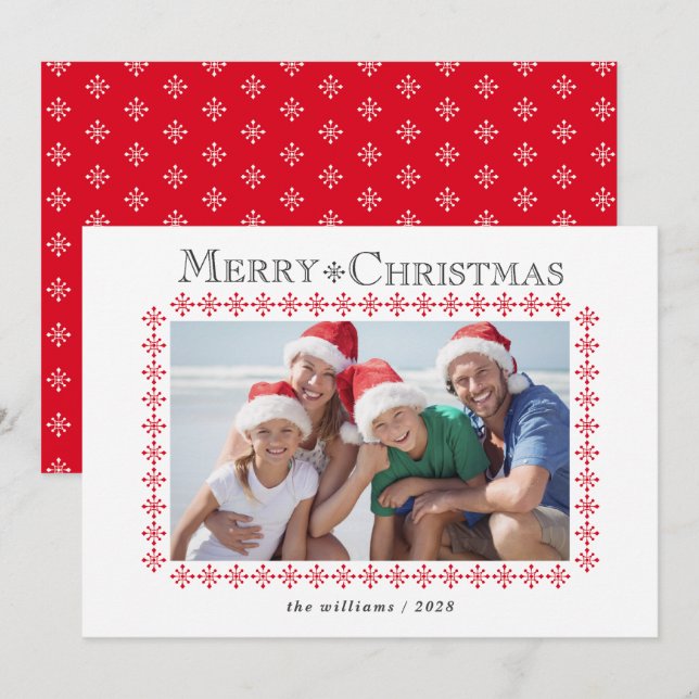Red Snowflake Border Christmas Photo Holiday Card (Front/Back)