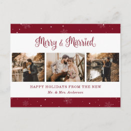 Red Snowflake Botanical Newlywed Photo Holiday Postcard