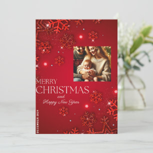Red Snowflake Christmas Card with Family Photo