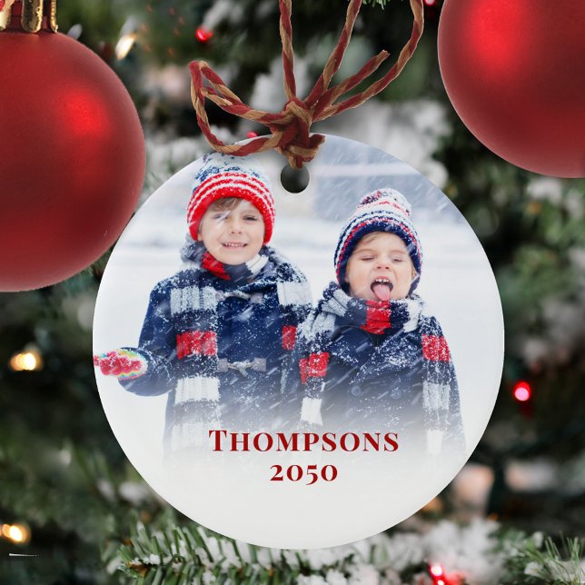 Red Snowflake Christmas Photo Custom Ceramic Tree Decoration (Christmas photo ornament with a full bleed photo template with red block style editable lettering. )