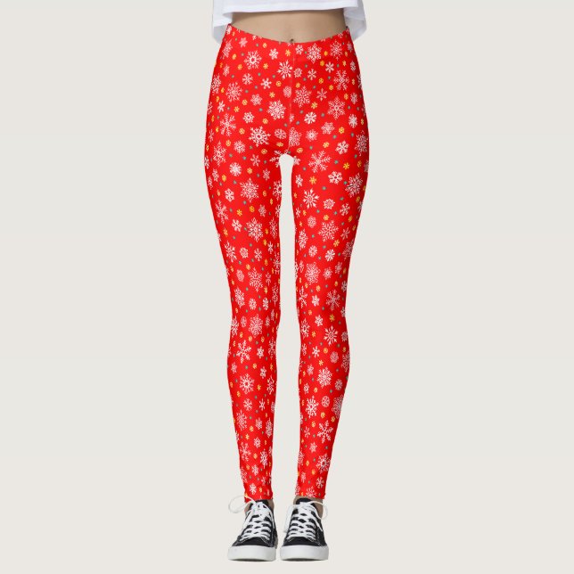 Red Snowflake Festive Red Holiday Red Elegant Chic Leggings (Front)