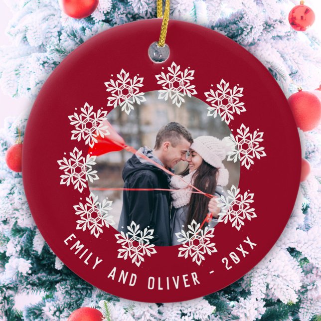 Red Snowflake Frame Couple Keepsake Photo Ceramic Tree Decoration (Creator Uploaded)