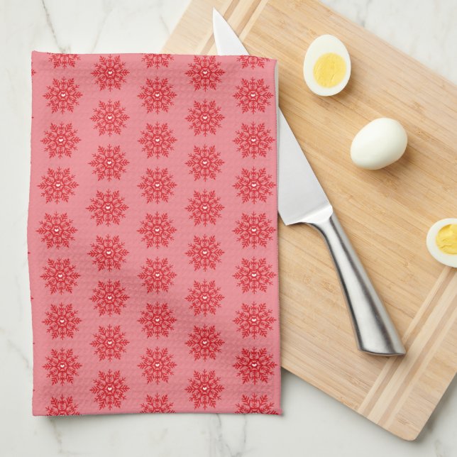 Red Snowflake Heart Scandinavian Pattern Tea Towel (Quarter Fold)