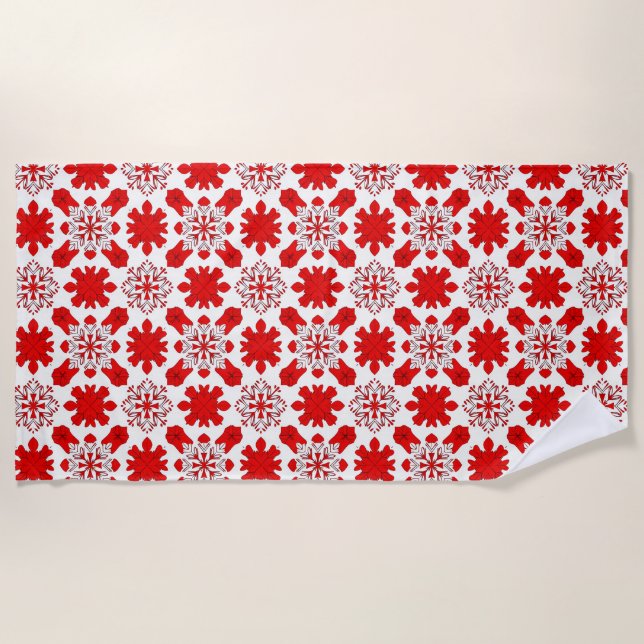 Red Snowflake Holiday Decor Beach Towel (Front)