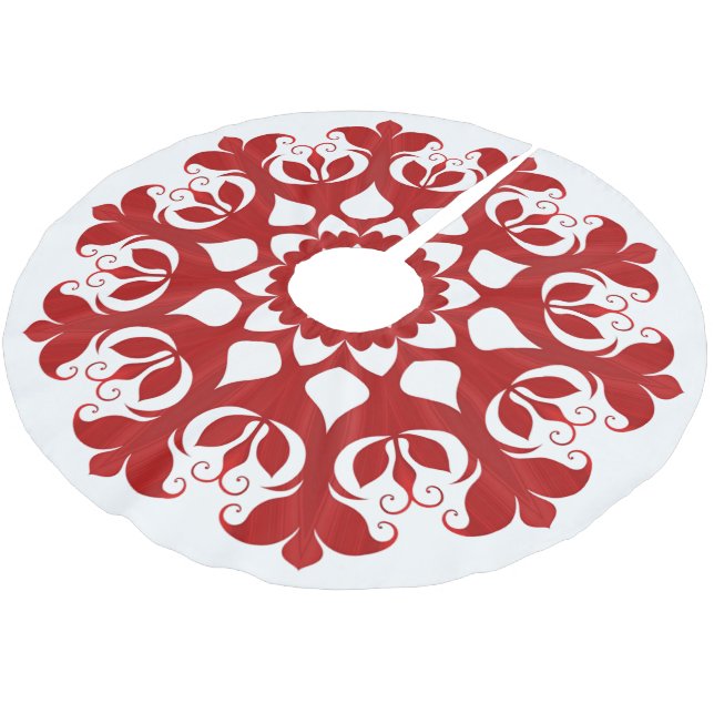 Red Snowflake Ice Crystal Flower Pattern On White Brushed Polyester Tree Skirt (Angled)