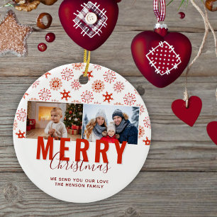 Red Snowflake Merry Christmas Family 2 Photos Ceramic Tree Decoration