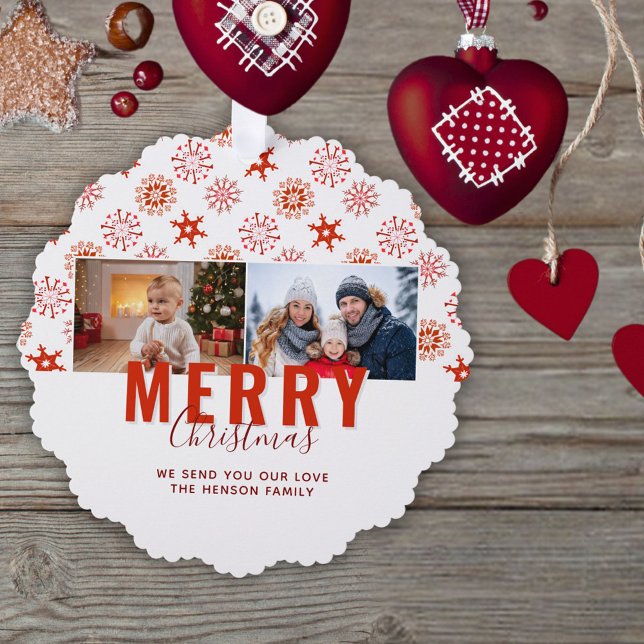 Red Snowflake Merry Christmas Family 2 Photos Tree Decoration Card (Creator Uploaded)