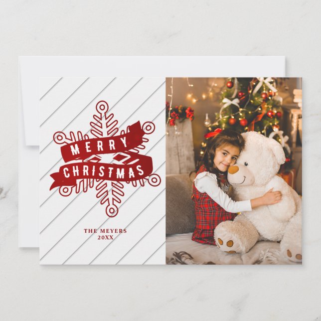  Red Snowflake Merry Christmas Lettering Photo Hol Holiday Card (Front)