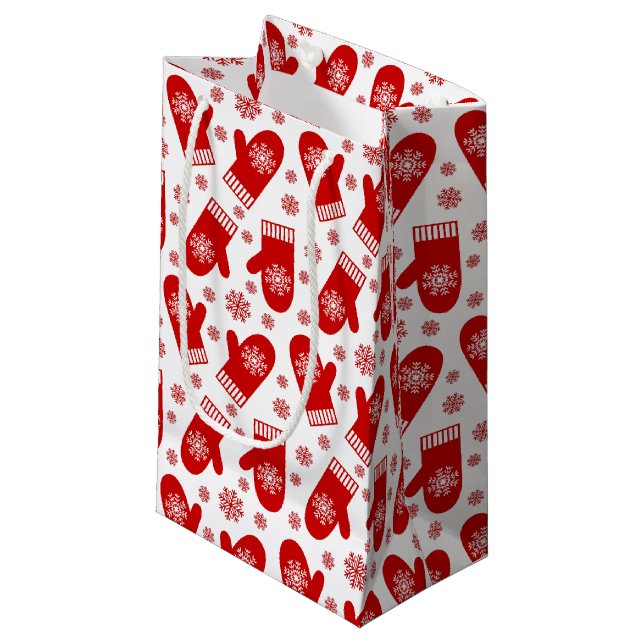 Red Snowflake Mittens Christmas Small Gift Bag (Front Angled)