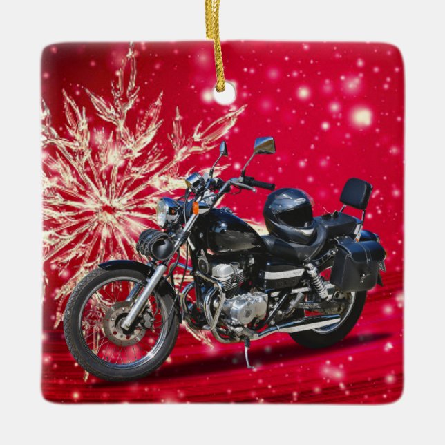Red Snowflake Motorcycle and Helmet Christmas Ceramic Ornament (Front)