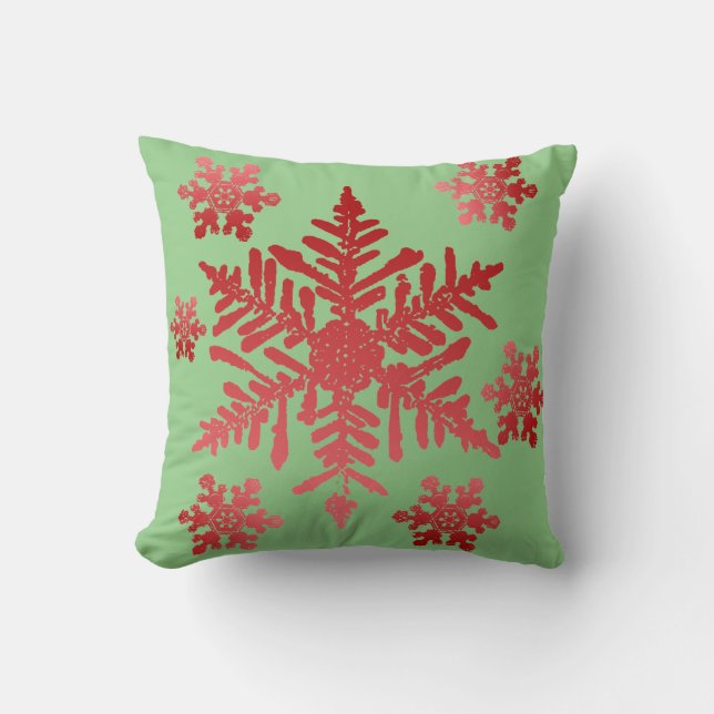 Red Snowflake on Green Throw Pillow (Front)
