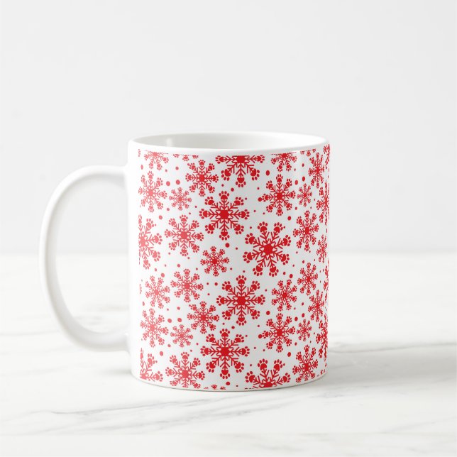 Red Snowflake on White with paw print pattern Coffee Mug (Left)