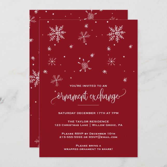 Red Snowflake Ornament Exchange Party Invitation (Front/Back)