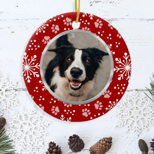 Red Snowflake Paw Pattern Pet Photo Ceramic Tree Decoration