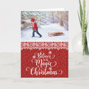Red Snowflake Photo Believe Christmas Card