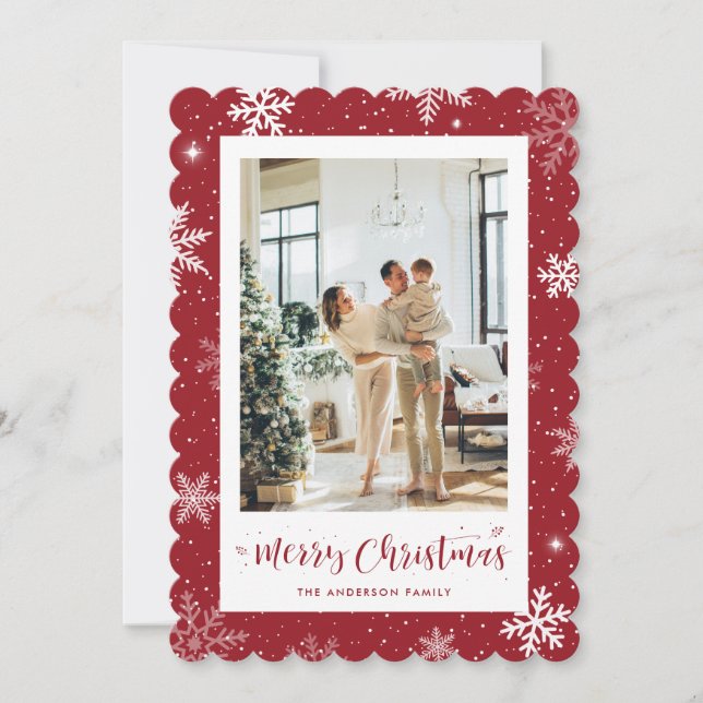 Red Snowflake Photo Merry Christmas Holiday Card (Front)