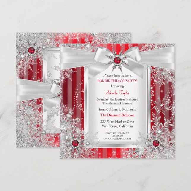 Red Snowflake Silver Bow Winter Wonderland Party Invitation (Front/Back)