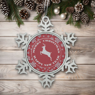 Red Snowflake Silver Reindeer Pewter Christmas Ornament
