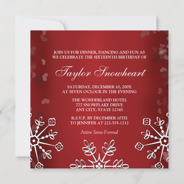 RED SNOWFLAKE SWEET SIXTEEN BIRTHDAY INVITATION (Front)