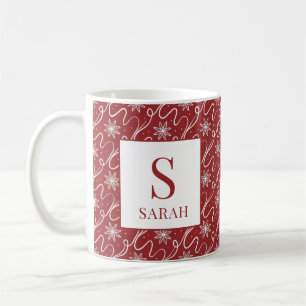 Red Snowflake Swirl Monogram Name Coffee Mug