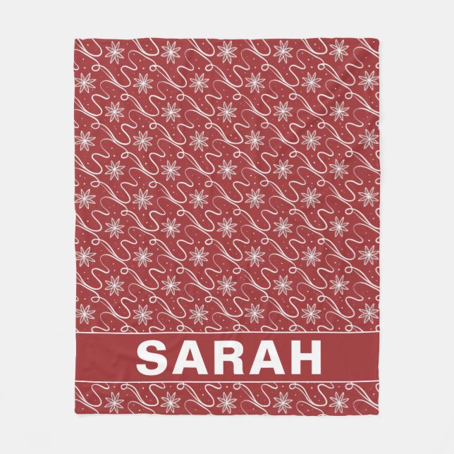 Red Snowflake Swirl Personalised Name Fleece Blanket (Front)