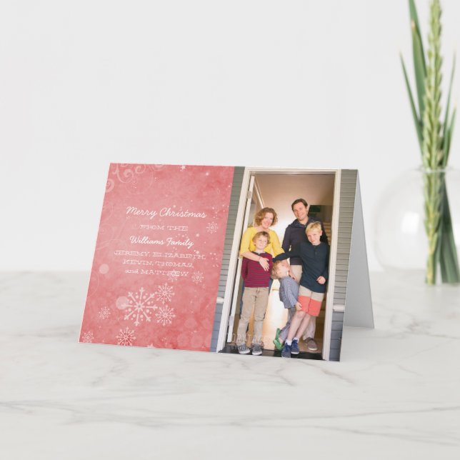 Red Snowflake Swirls Holiday Photo Card (Front)