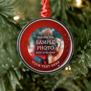 Red Snowflake White Stars Photo Custom Text Metal Tree Decoration