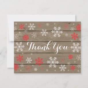 Red Snowflake Winter Rustic Wood Thank You Card