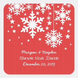 Red Snowflakes and Stars Save the Date Stickers